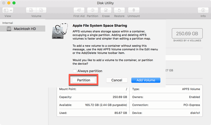 Подтверждение создания раздела в Дисковой утилите