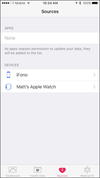 Список источников и приложений, интегрированных с Health