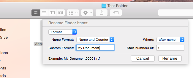 Диалог массового переименования в Finder на macOS