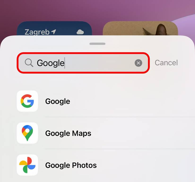 Galleria dei widget su iPhone con la parola 'Google' inserita nel campo di ricerca.