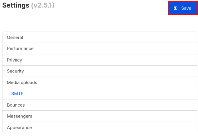 Скриншот: кнопка Сохранить в настройках Listmonk