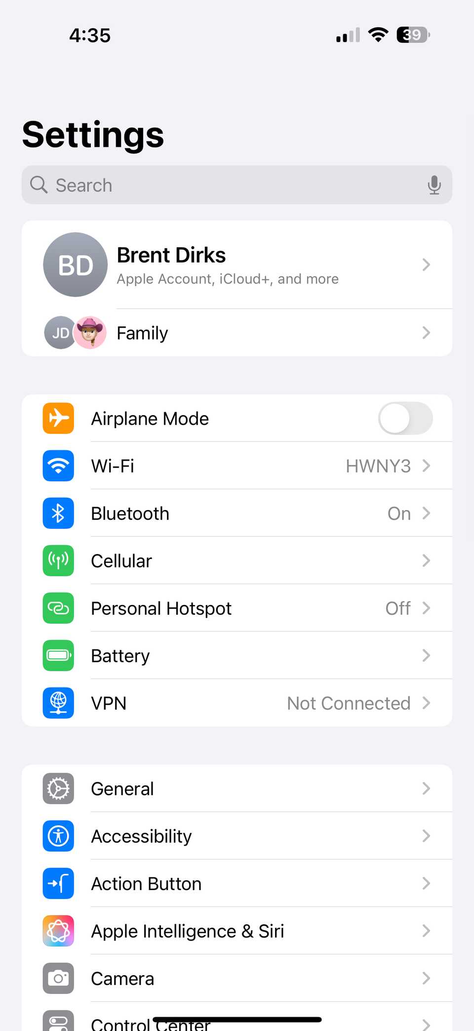 Главное меню «Настройки» на iPhone