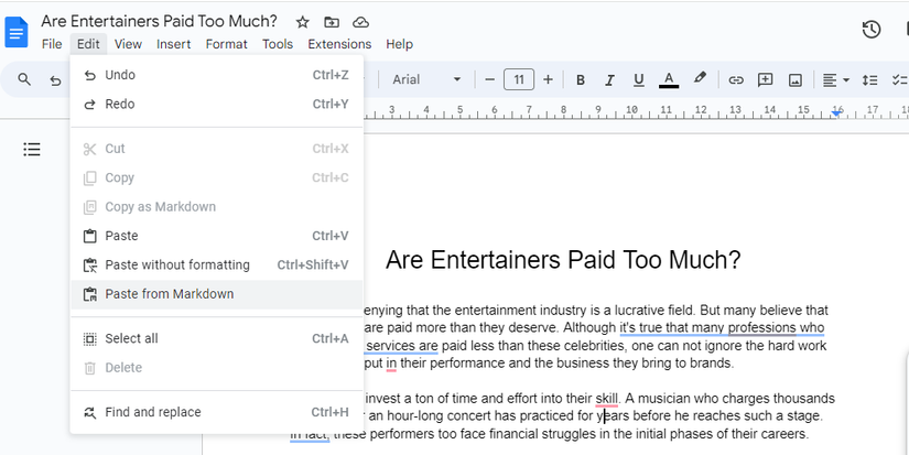 Скриншот: вставка Markdown в Google Docs через «Вставить из Markdown».