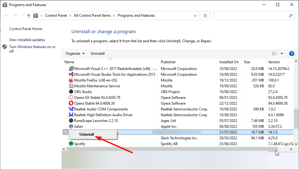 Выбор удаления программы Segurazo