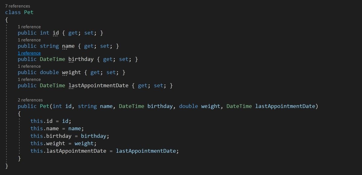 Пример кода простого класса Pet