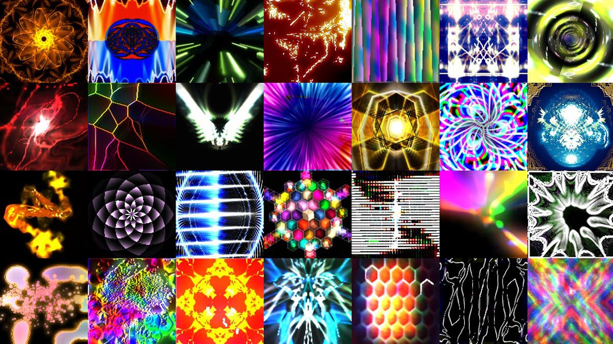 Sample images of a collection of MilkDrop presets.