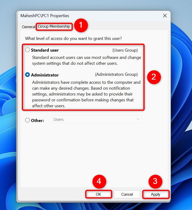 Параметры изменения типа учётной записи в netplwiz.