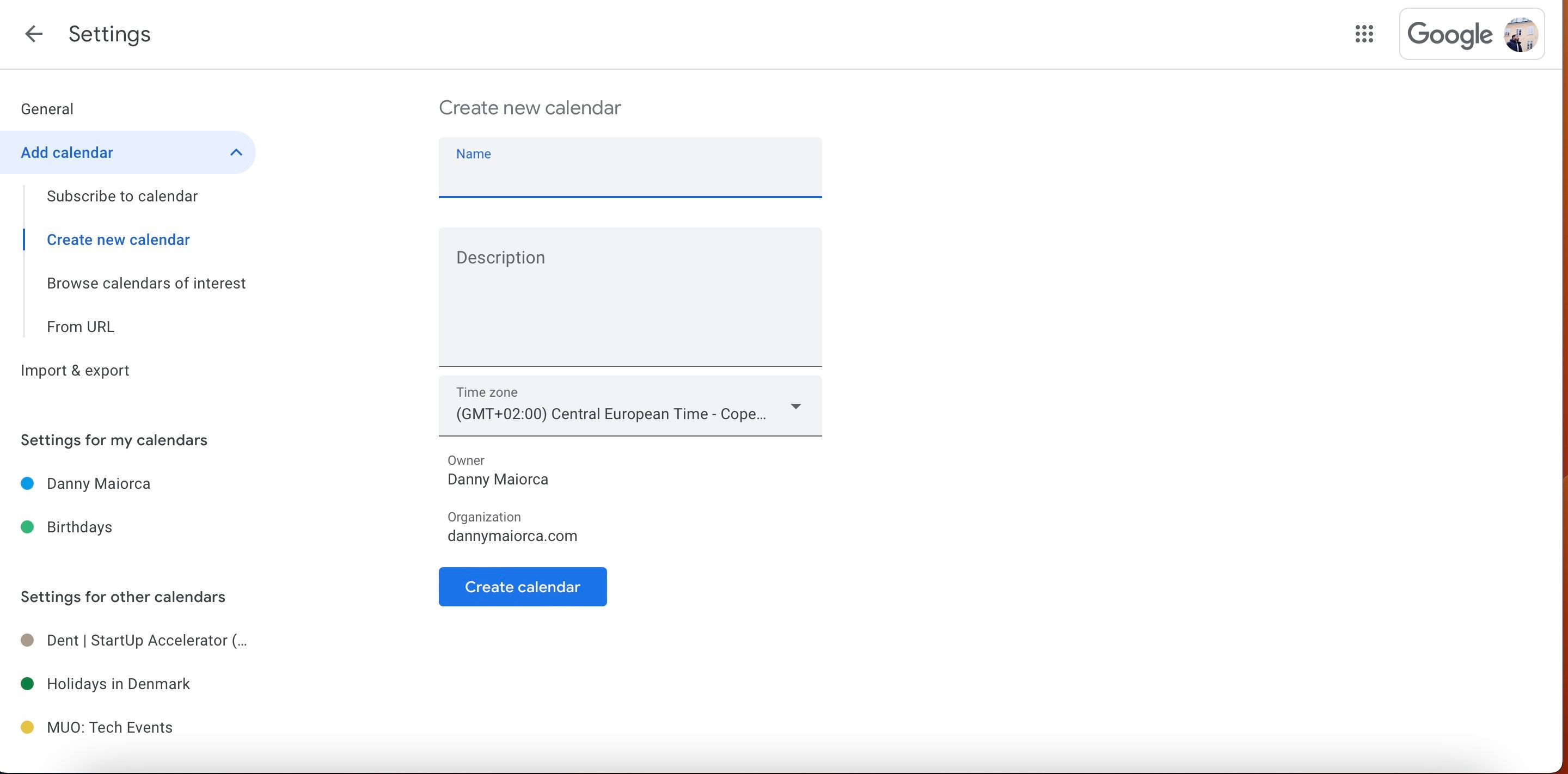 Форма нового календаря в Google Calendar