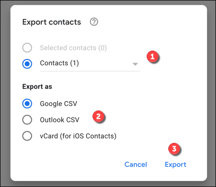 Select the contacts you wish to export, then choose the export file type from the 