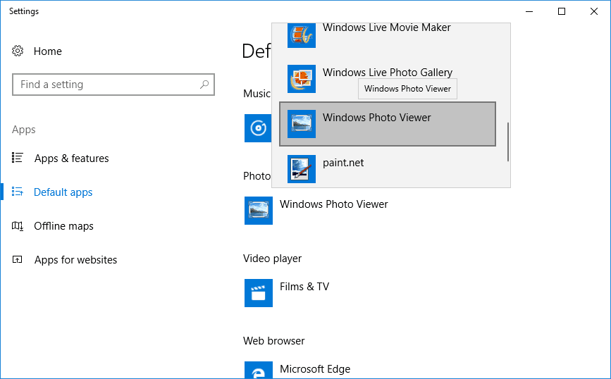 Список приложений для выбора приложения 'Фото' в Windows 10