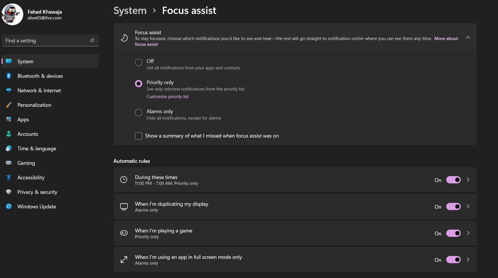 Интерфейс настроек Помощника по фокусу в Windows 11