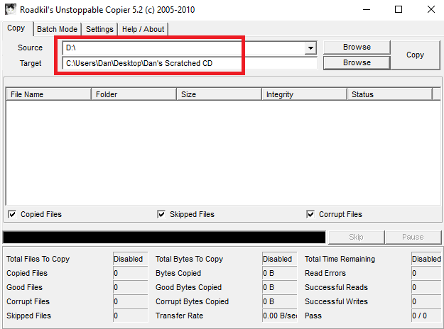 Unstoppable Copier: выбраны исходный диск и папка назначения