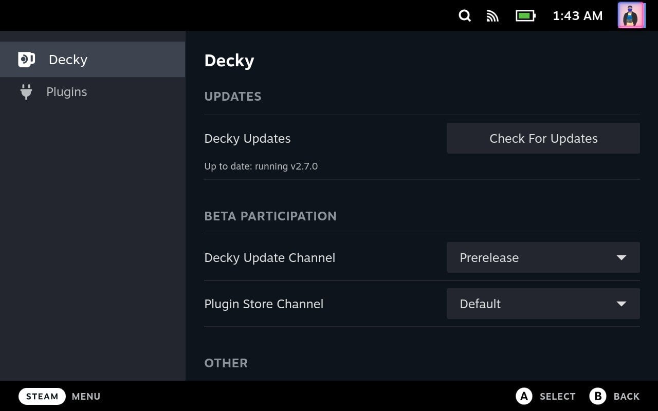 Настройки Decky Loader: проверка обновлений и параметры