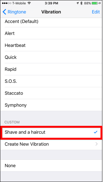 Список пользовательских вибраций в настройках