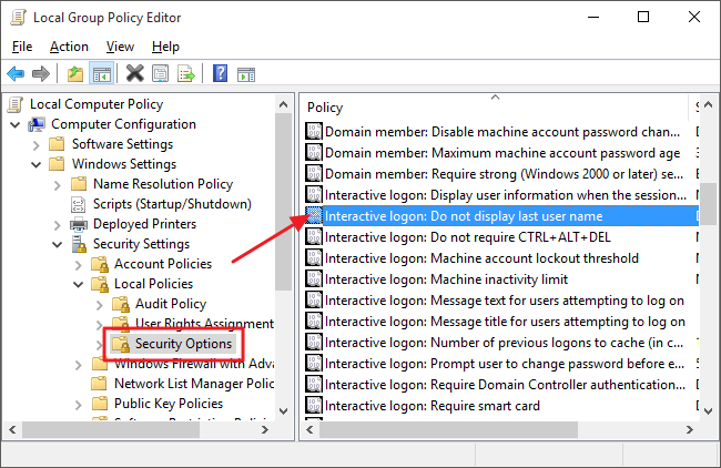 Включение «Do not display last user name» в gpedit
