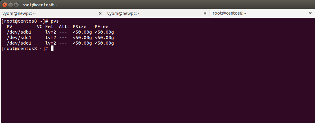 Вывод команды pvs с информацией о физических томах