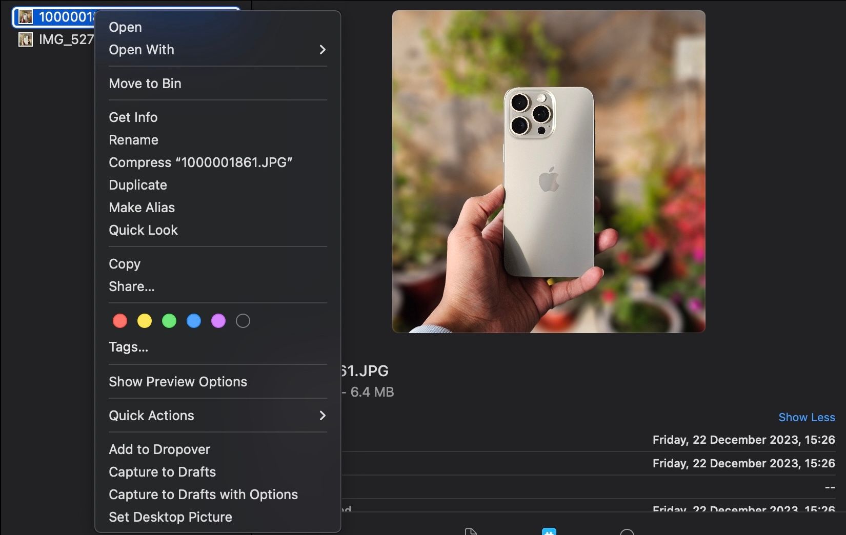 Доступ к контекстному меню на изображении в Finder.
