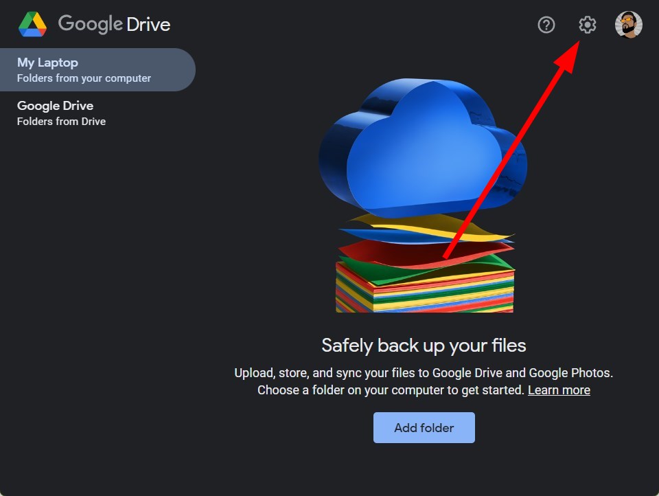 Меню настроек Google Drive в приложении с иконкой шестерёнки