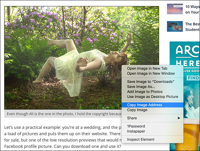 Скриншот контекстного меню с командой копирования адреса изображения