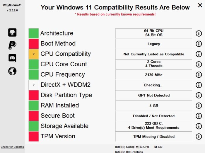 Приложение WhyNotWin11 — отчёт о проверке совместимости Windows 11