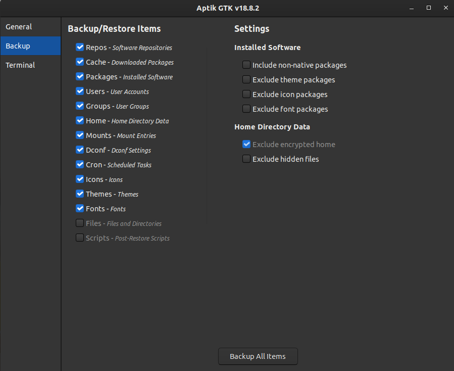 Выбор элементов резервной копии в Aptik GTK