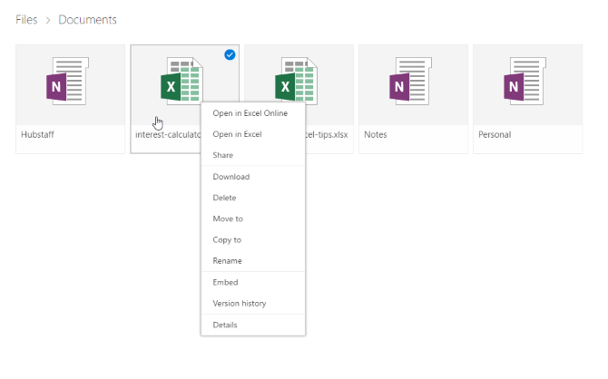 Контекстное меню файла в OneDrive