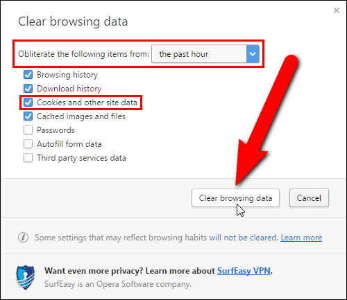 Диалог очистки данных в Opera