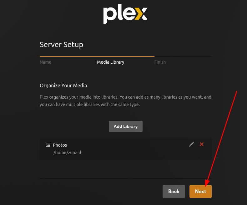 A Plex web UI webpage shows that a photos library has been added to the Plex server