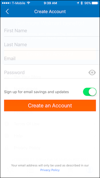 Экран входа в приложение Walmart с полями для учётной записи