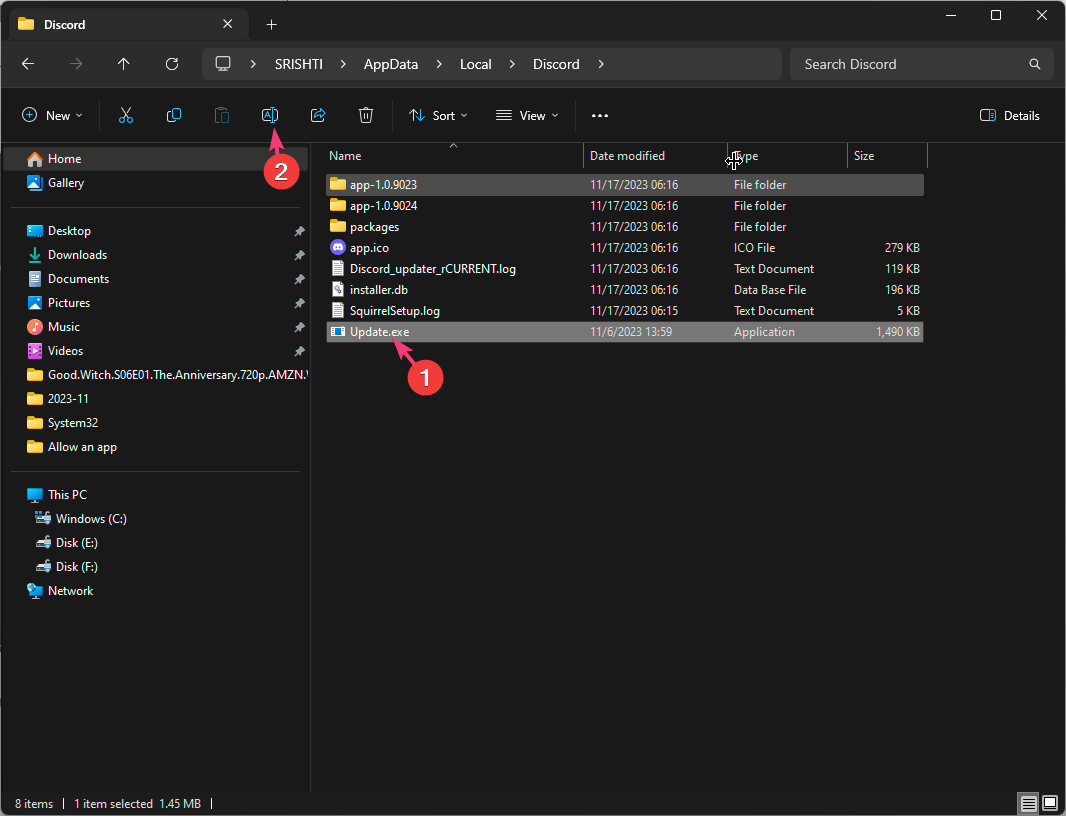 Переименование файла Update.exe в Update1.exe