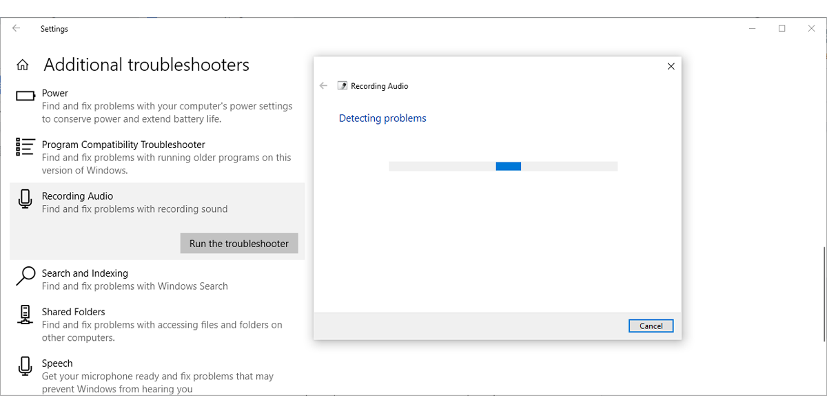 Окно средства устранения неполадок записи звука в Windows 10