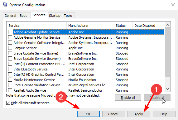 Кнопки 'Применить' и 'OK' в окне конфигурации системы