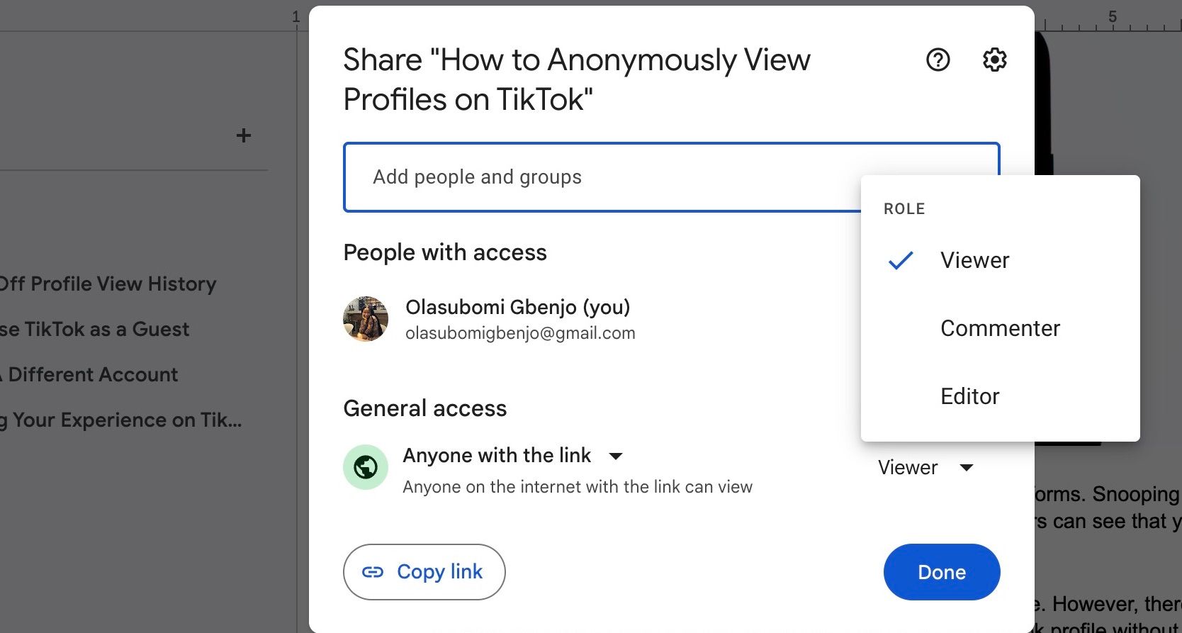 Окно совместного доступа в Google Docs на macOS