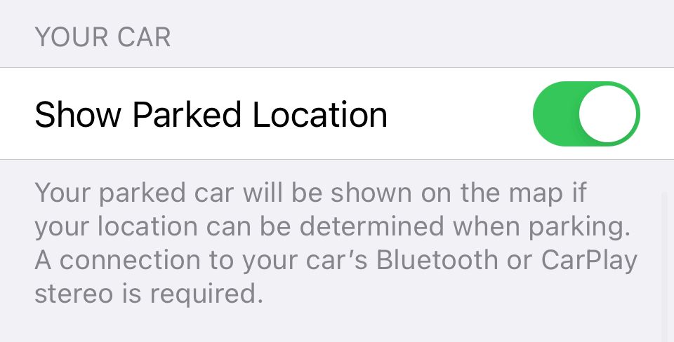 Переключатель «Показывать место парковки» в настройках Карты
