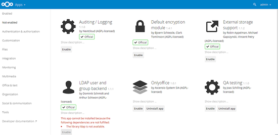 Список приложений Nextcloud — включение ONLYOFFICE