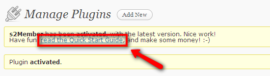Экран быстрого старта плагина s2Member