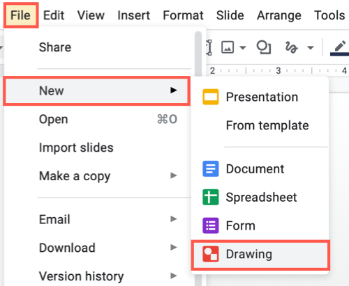 Выберите Файл, Создать, Рисунок в Google Slides.