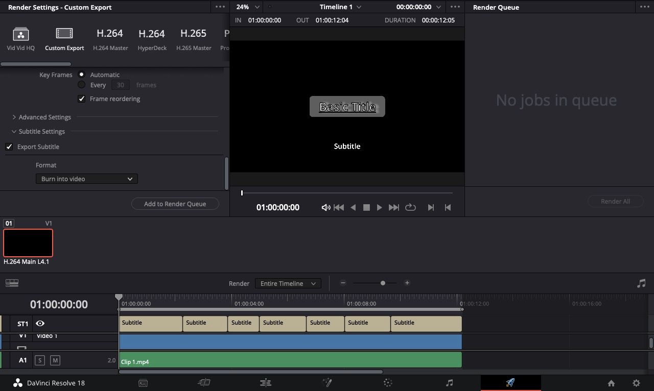 экспорт субтитров на странице Deliver в DaVinci Resolve 18
