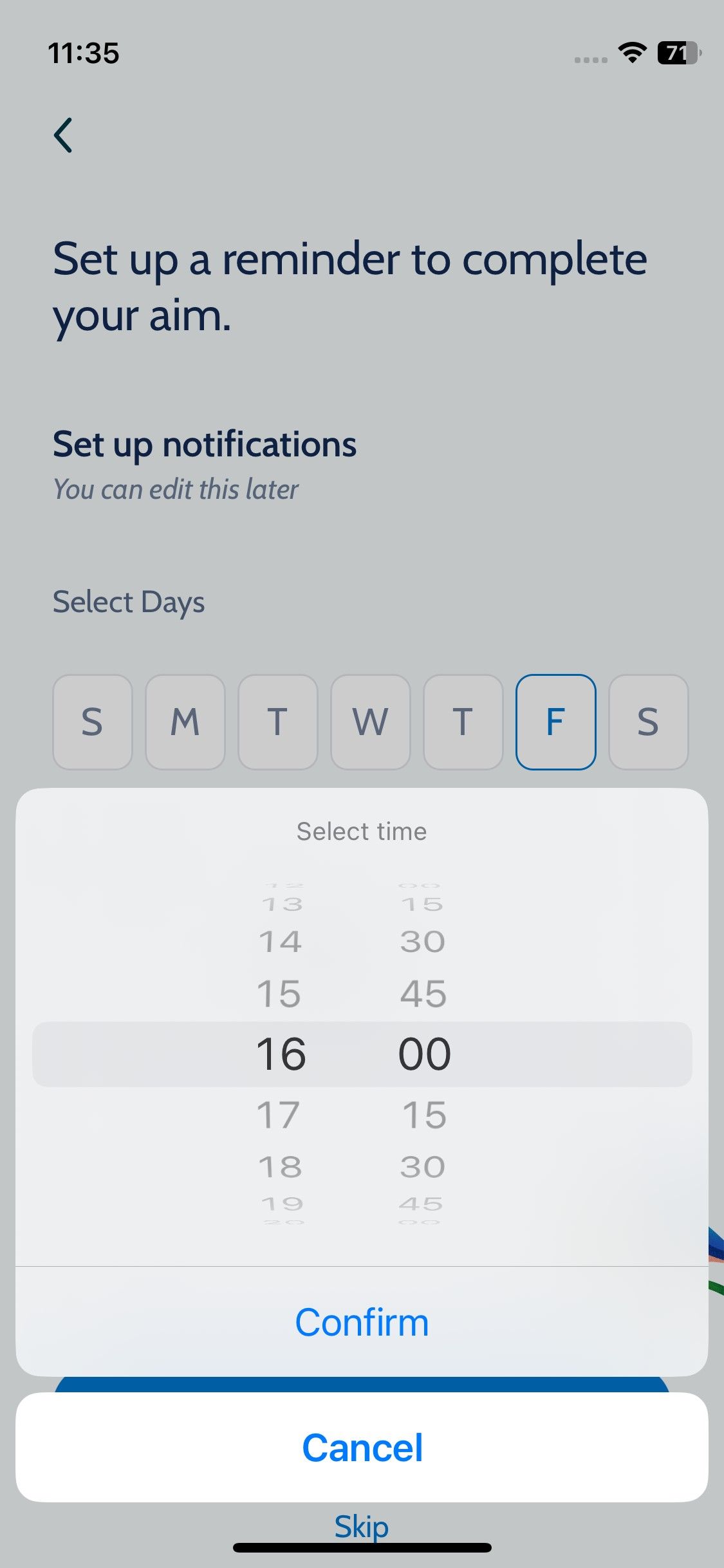 Скриншот приложения Happier — настройка напоминания
