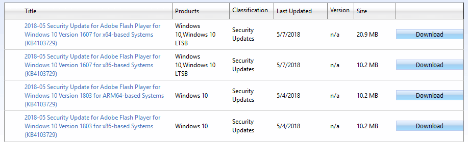 Список обновлений на Microsoft Update Catalog