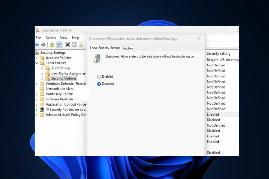 Убрать кнопку питания на экране входа Windows