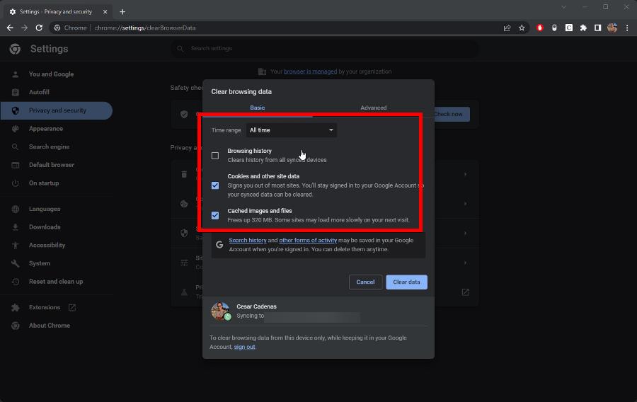 очистить данные за всё время в Chrome