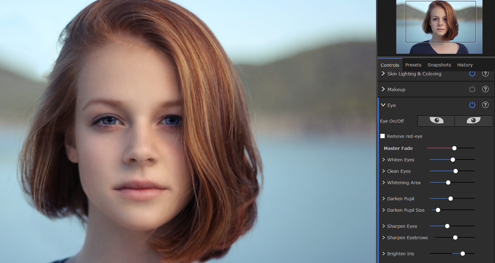 Регулировка яркости радужки в PortraitPro