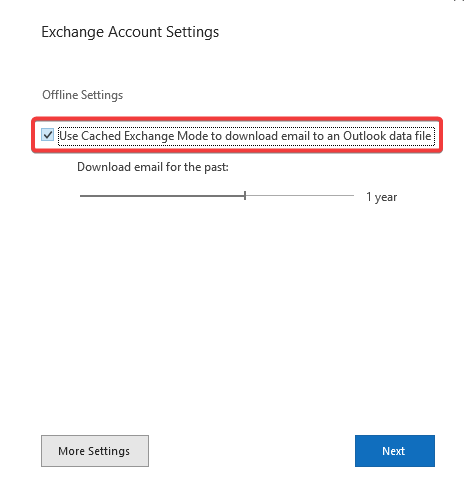 Опция «Использовать кэшированный режим Exchange» в Outlook