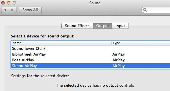 Выбор устройства AirPlay в настройках звука macOS