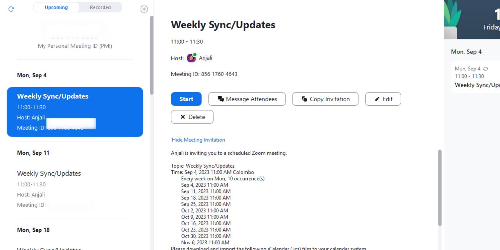Screenshot of Zoom showing how to view details of a recurring meeting
