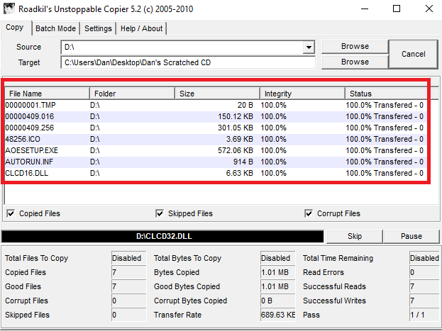 Unstoppable Copier: прогресс восстановления и статистика повреждённых файлов