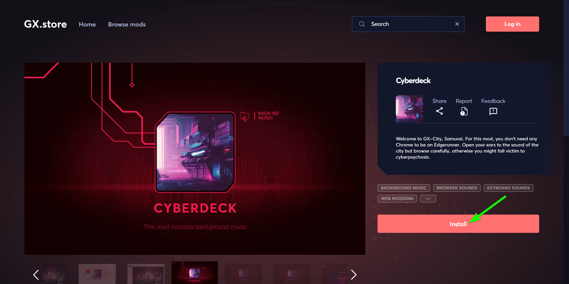 Кнопка «Установить» в магазине GX Mods