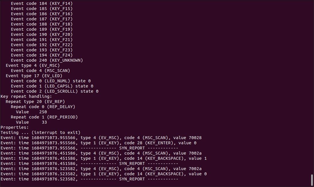 поиск кодов клавиш с evtest в терминале