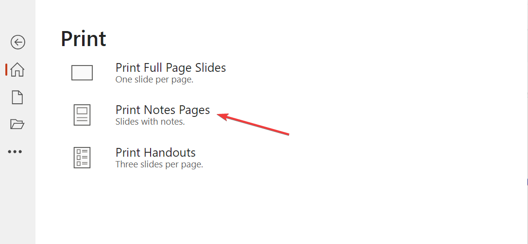 Выбор 'Печатать страницы с заметками' в PowerPoint Online